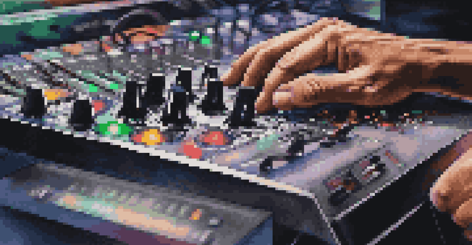 A close-up of hands adjusting a mixer console with colorful lights, showcasing the art of music production.