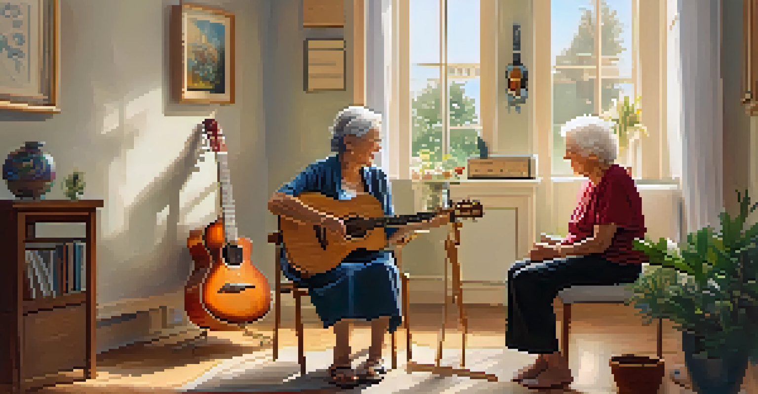 A peaceful music therapy session with a therapist and an elderly patient listening to music together in a softly lit room.