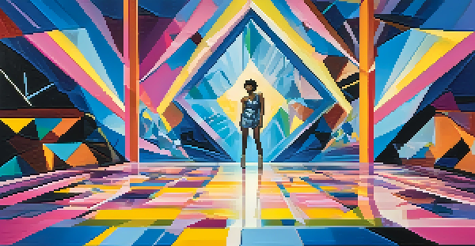A singer performing on a colorful stage with abstract shapes and dynamic lighting.