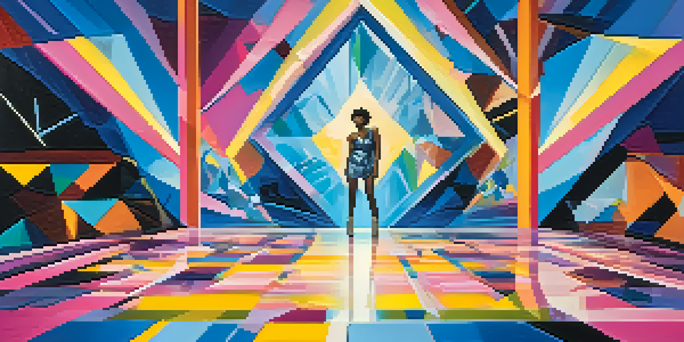 A singer performing on a colorful stage with abstract shapes and dynamic lighting.