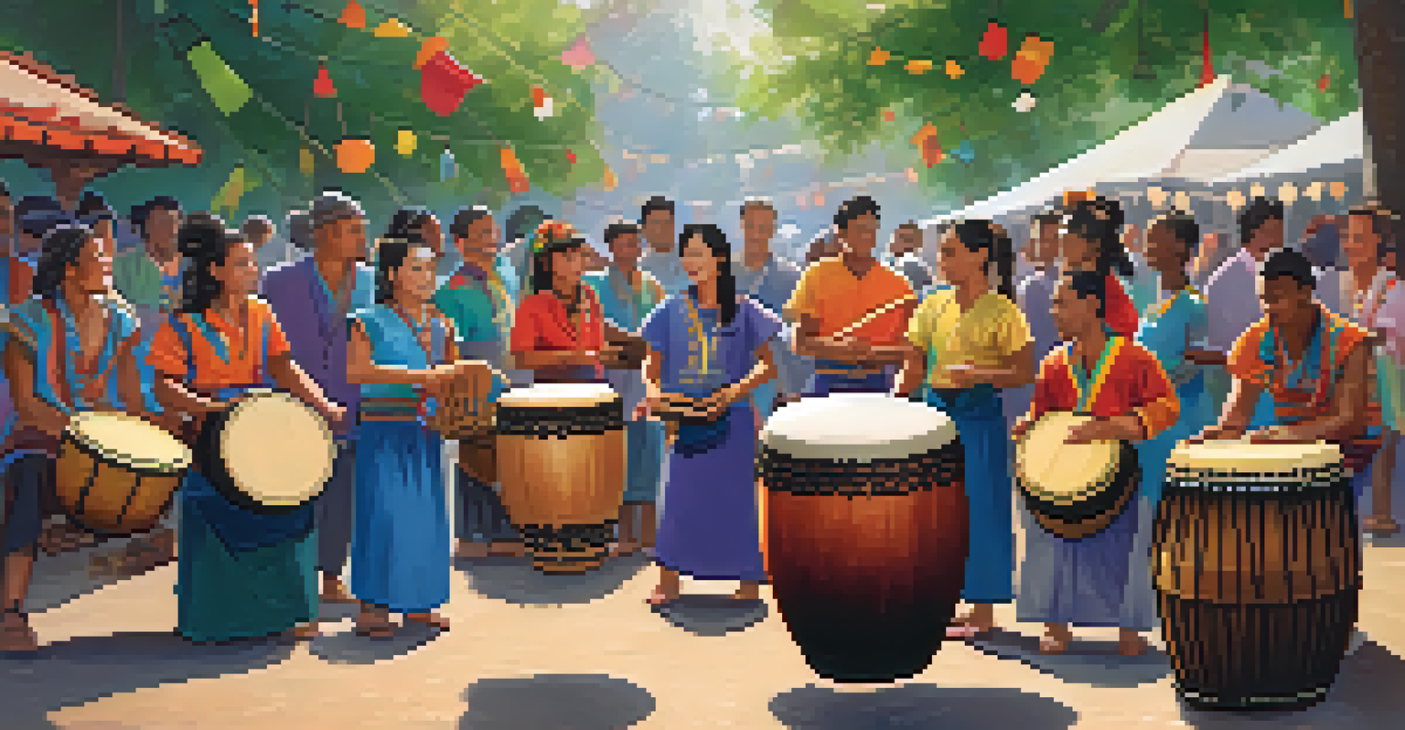 A group of diverse musicians playing traditional percussion instruments at a festival, with audience members enjoying the vibrant atmosphere.