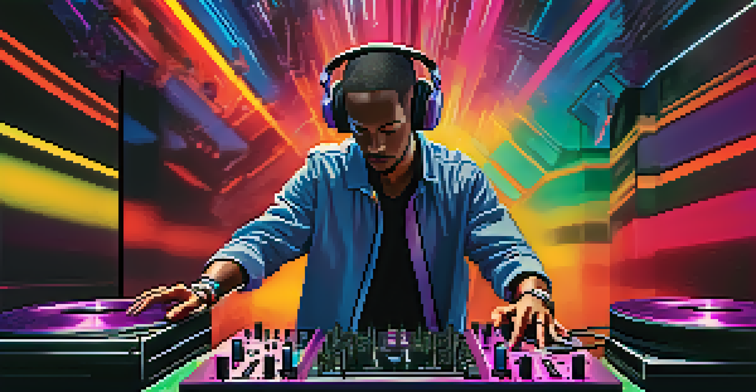 A DJ performing live in a virtual setting with immersive visuals and interactive elements, focusing on the decks.