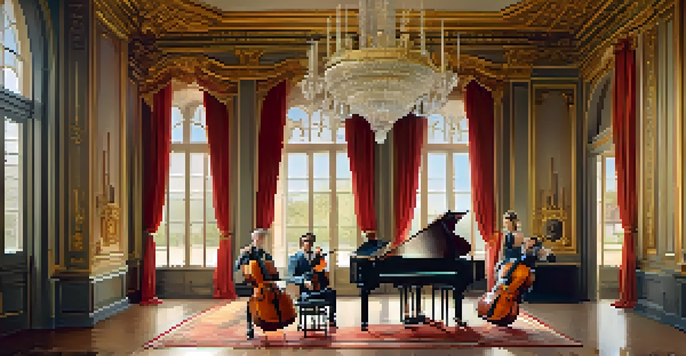 A chamber filled with musicians in period costumes playing string instruments, with ornate decorations and soft natural light illuminating the scene.