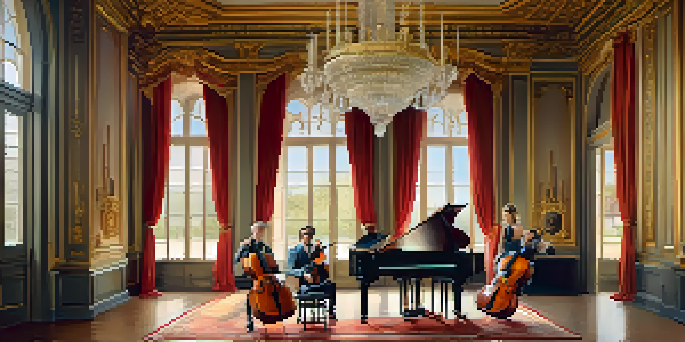 A chamber filled with musicians in period costumes playing string instruments, with ornate decorations and soft natural light illuminating the scene.