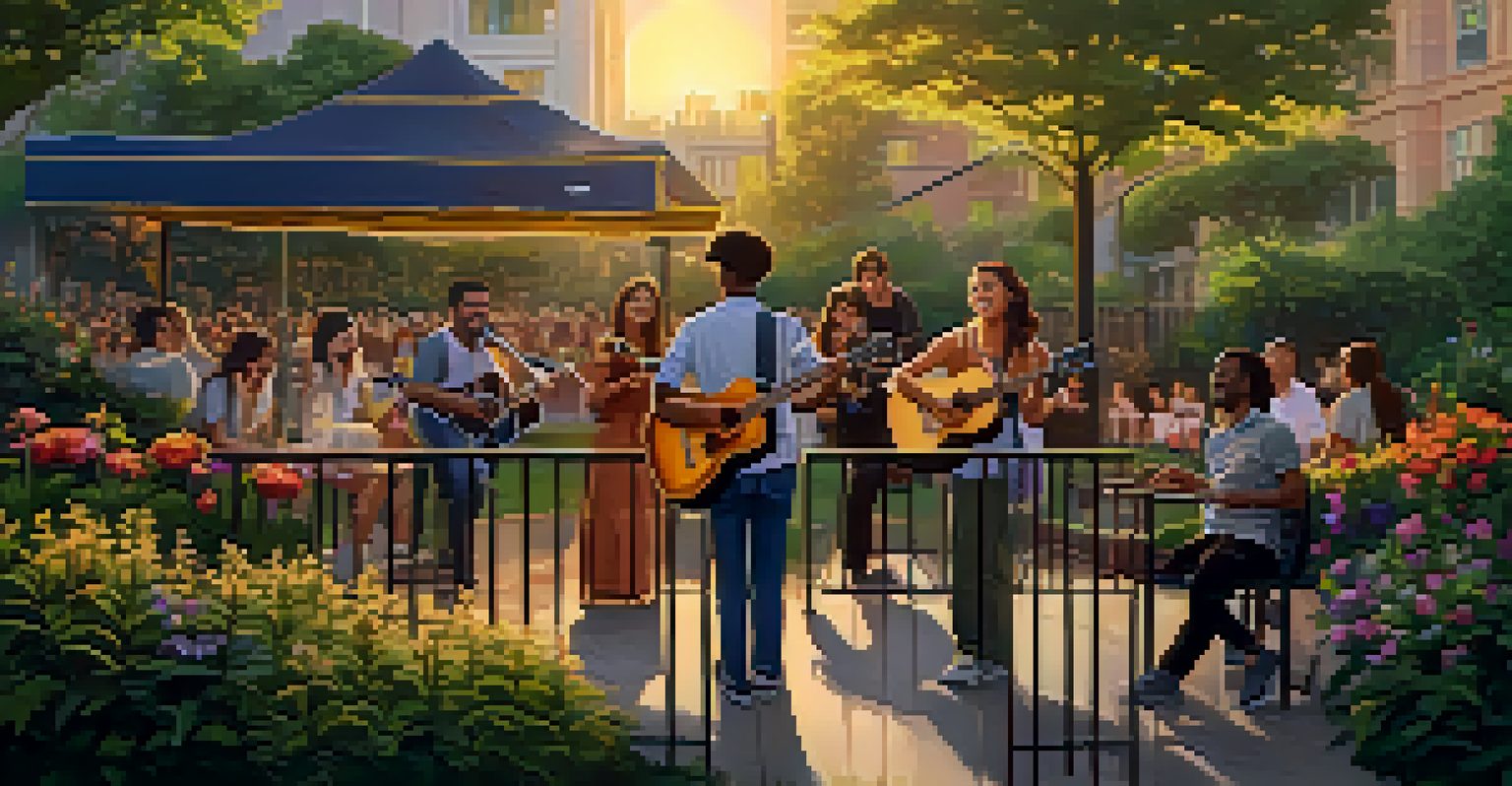 A group of friends enjoying a small outdoor concert in a park, surrounded by greenery and vibrant flowers with a sunset glow.