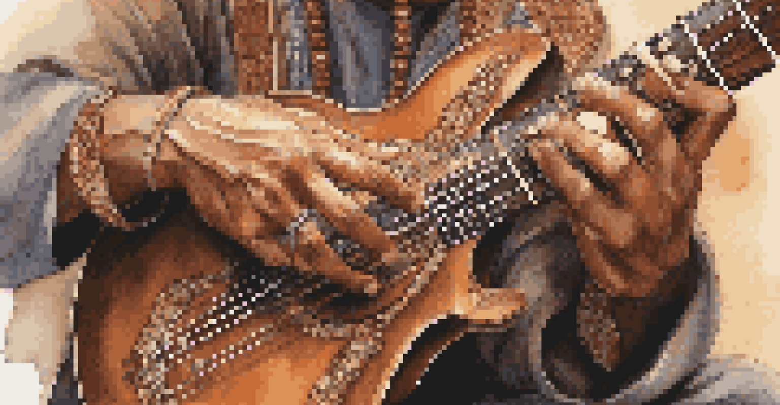 Close-up of hands playing a sitar, highlighting the instrument's details with soft, blurred lights in the background.