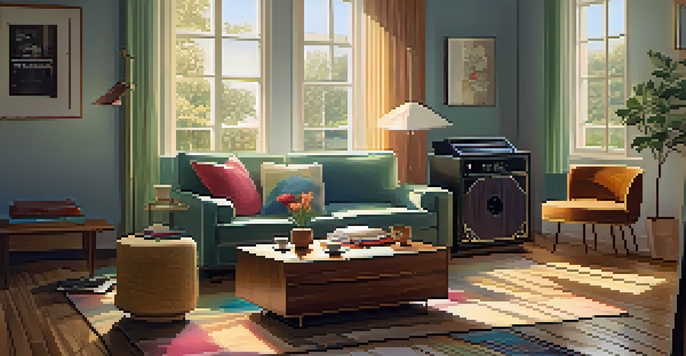 A cozy living room with a vintage record player, soft sunlight, and a plush sofa.