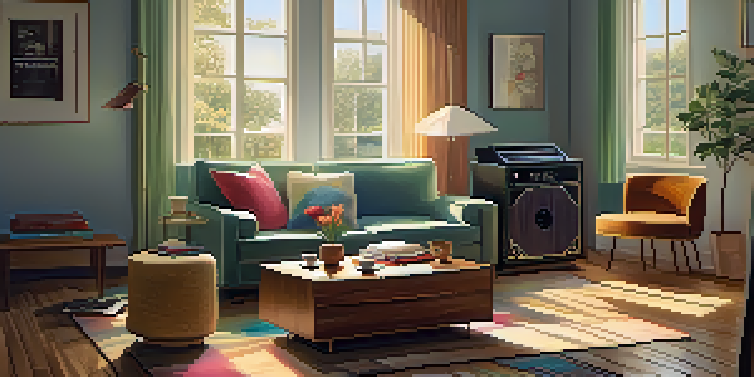 A cozy living room with a vintage record player, soft sunlight, and a plush sofa.