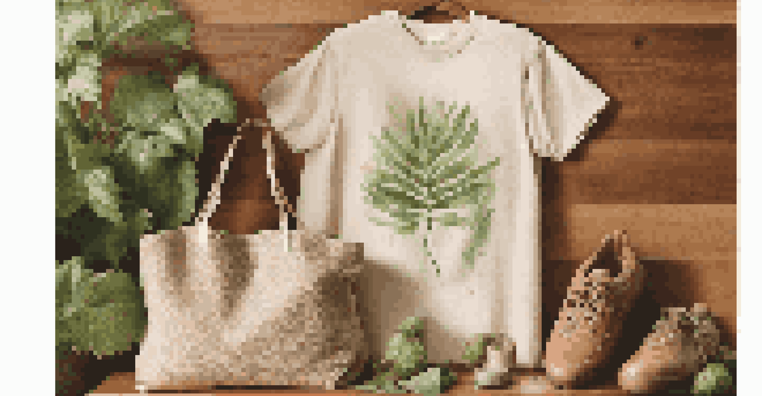 A close-up of sustainable merchandise including a reusable tote bag and a t-shirt, set against a natural backdrop with soft lighting.