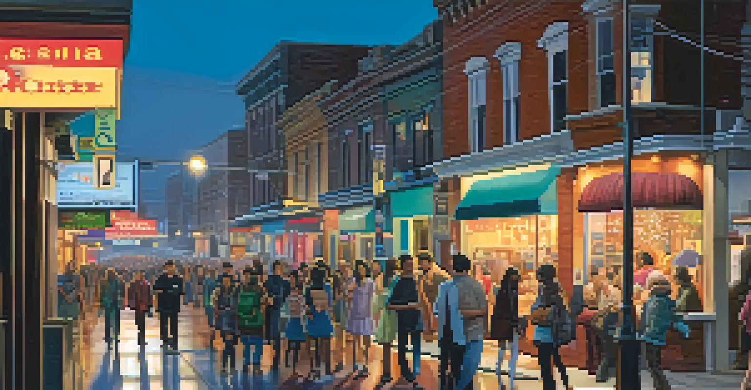 A city street at dusk with a street musician playing guitar, surrounded by colorful shop lights and engaged listeners.