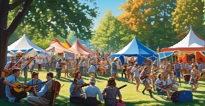 A lively folk music festival with musicians playing traditional instruments and people dancing in a park.