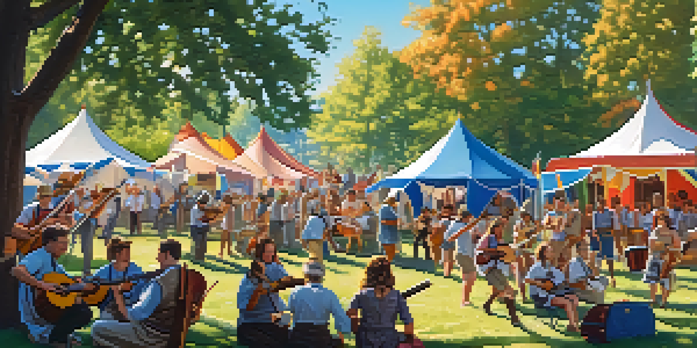 A lively folk music festival with musicians playing traditional instruments and people dancing in a park.