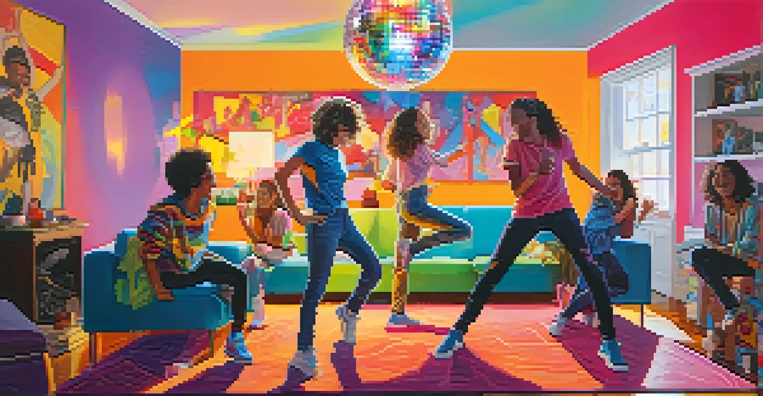 Teenagers dancing together in a living room, inspired by a viral pop song, with a disco ball reflecting colorful lights.