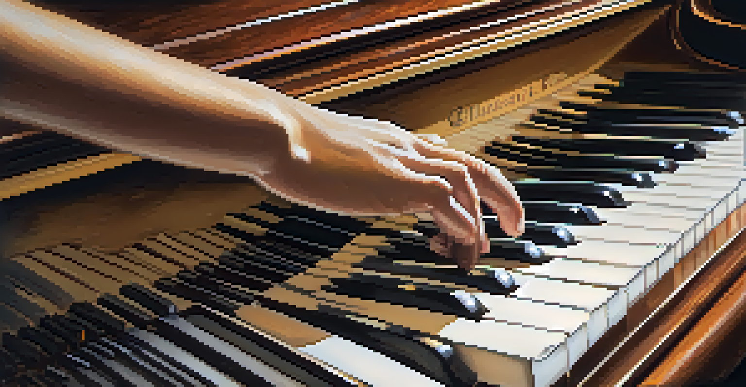 A close-up of hands playing a grand piano with sheet music, under warm lighting.