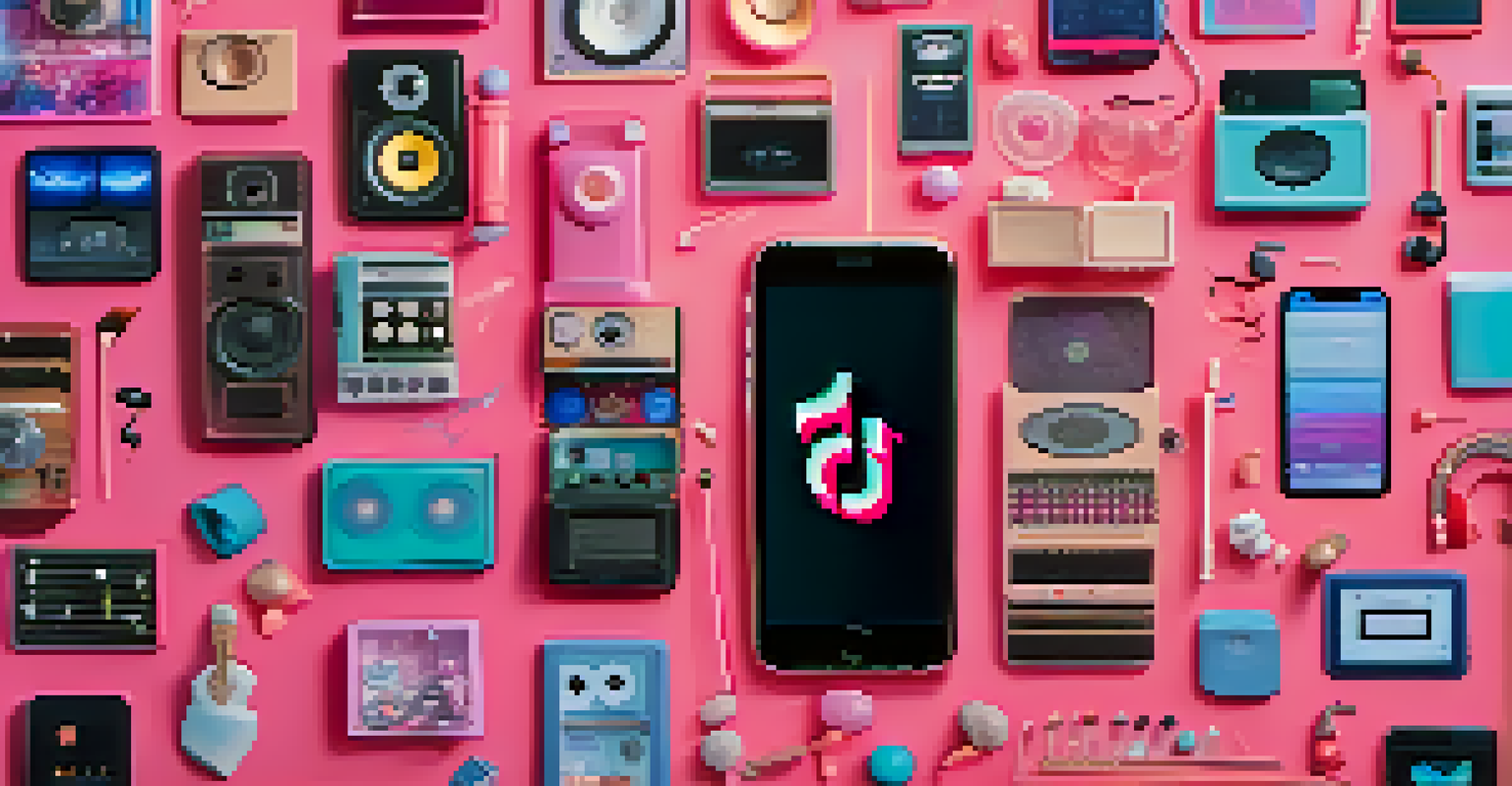 An artistic depiction of a smartphone with the TikTok app, surrounded by musical notes and instruments, representing the platform's impact on music trends.