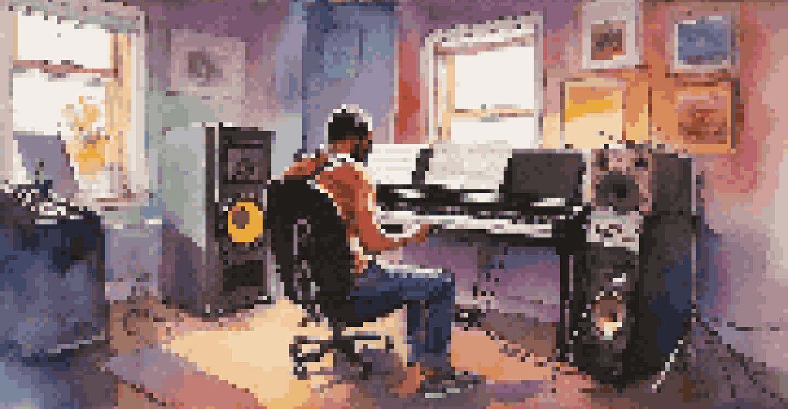 An independent musician playing an acoustic guitar in a colorful recording studio, surrounded by audio equipment.