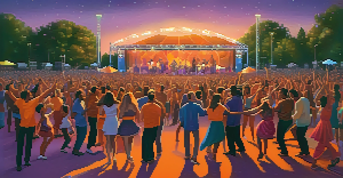 A lively outdoor concert with a diverse crowd enjoying music at sunset, with colorful lights and musicians performing.