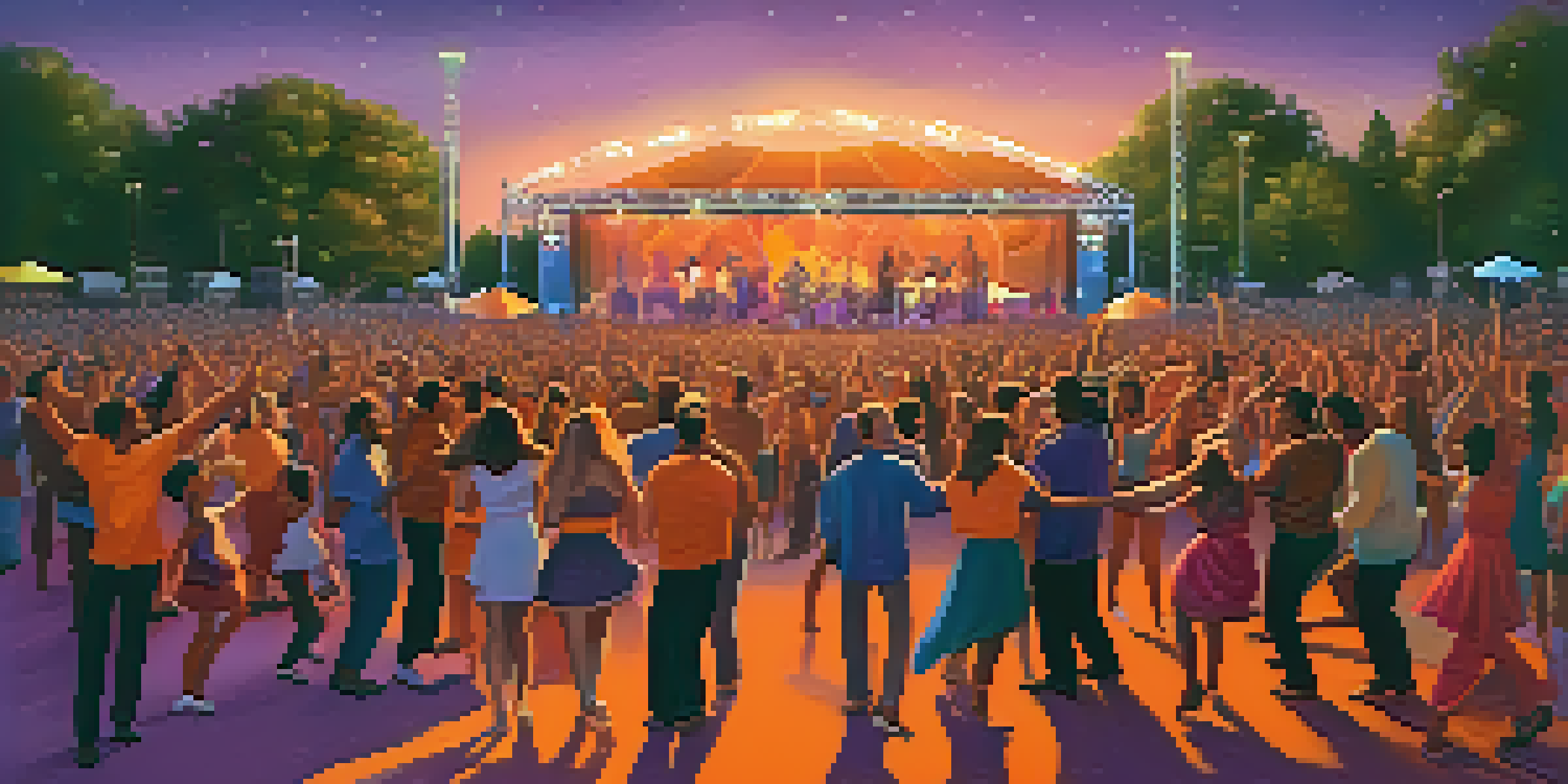 A lively outdoor concert with a diverse crowd enjoying music at sunset, with colorful lights and musicians performing.