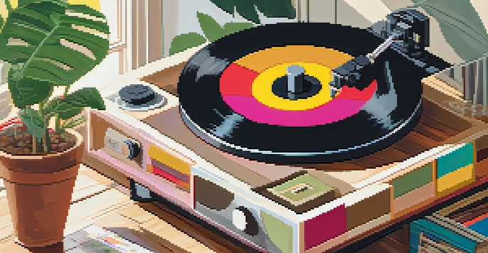 A cozy living room with a vinyl record player and colorful album covers on a wooden table, softly lit for a nostalgic feel.
