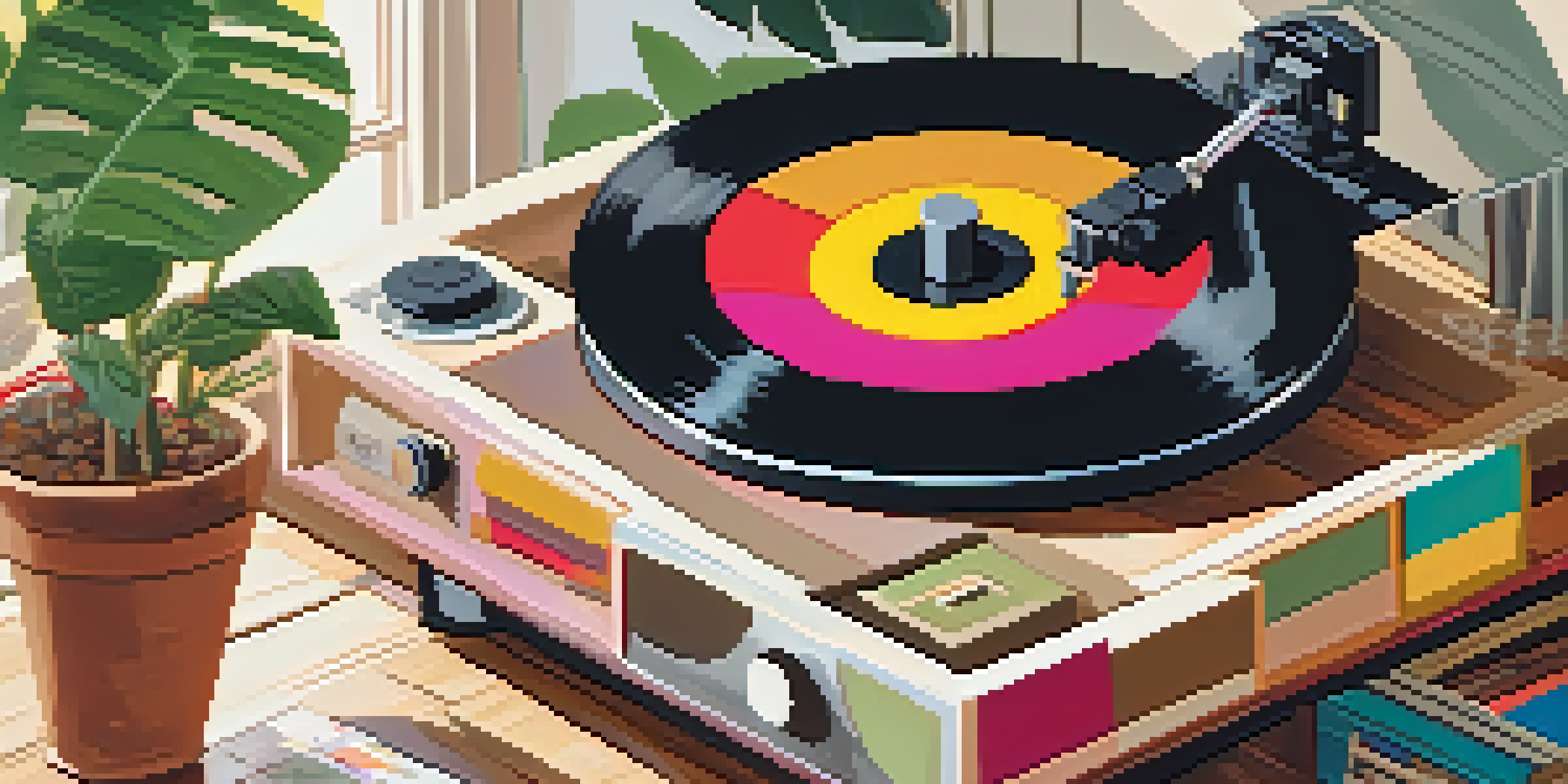 A cozy living room with a vinyl record player and colorful album covers on a wooden table, softly lit for a nostalgic feel.