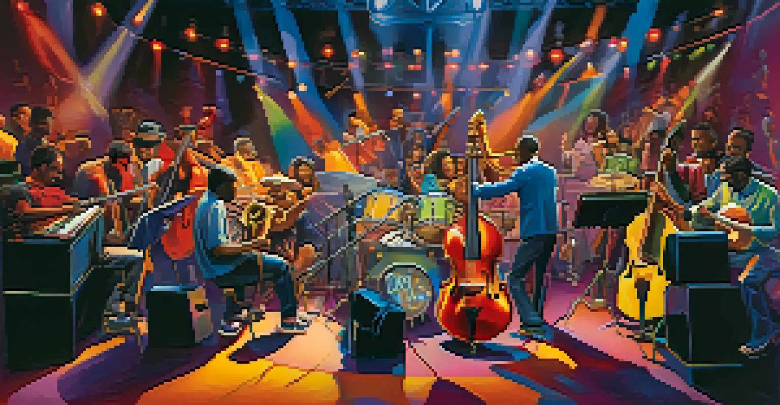 A lively jam session with musicians playing instruments, showcasing a fun and energetic atmosphere.
