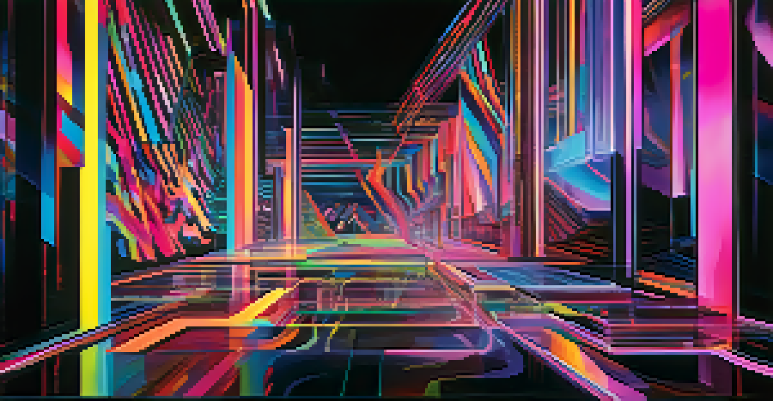 An abstract digital landscape with swirling neon colors and geometric shapes, representing the energy of music videos.
