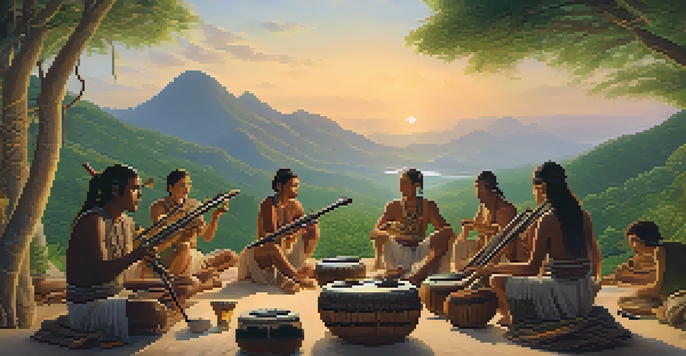 A tranquil sunset scene showcasing musicians of an ancient civilization playing simple instruments in a lush landscape.
