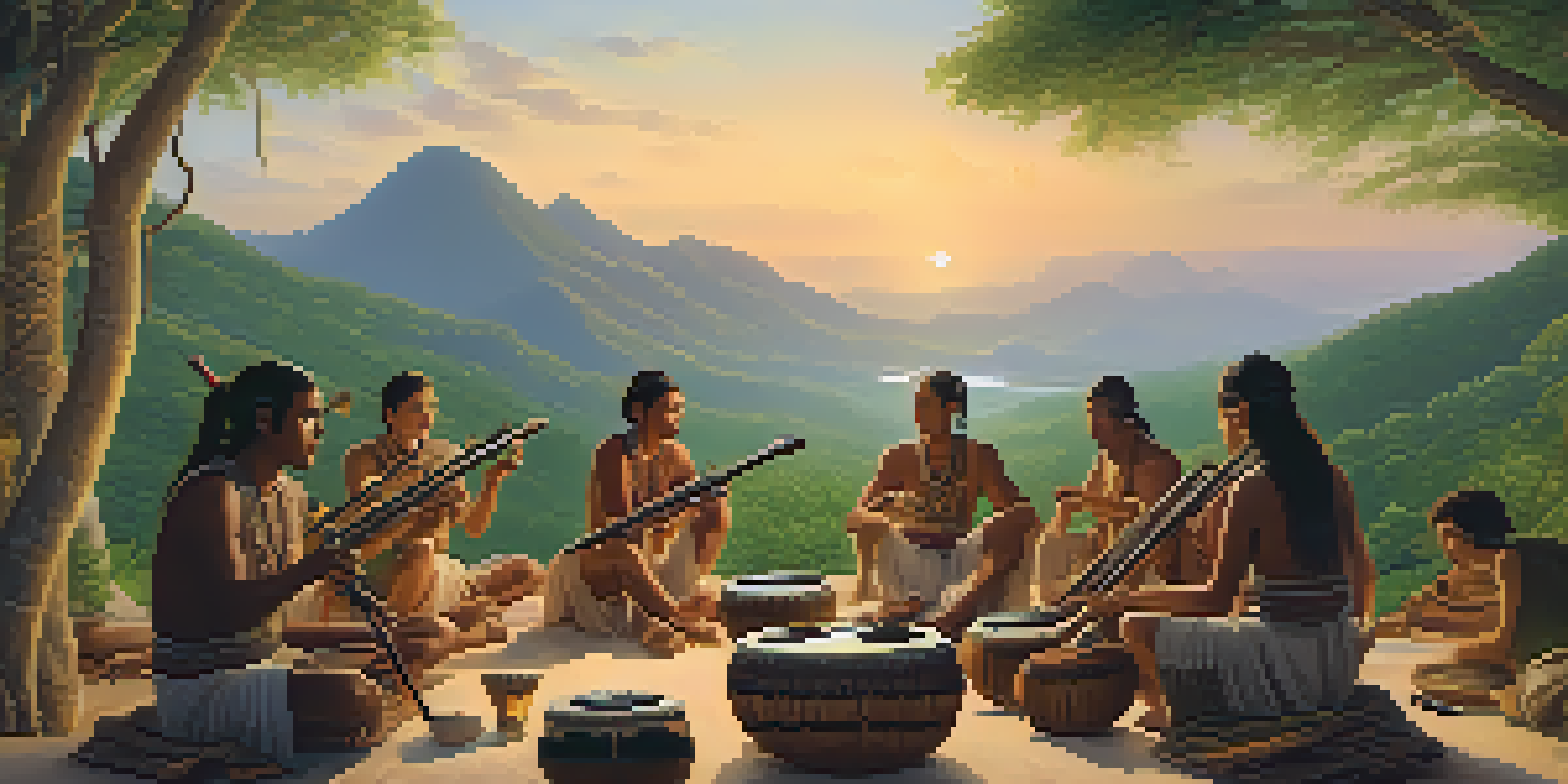 A tranquil sunset scene showcasing musicians of an ancient civilization playing simple instruments in a lush landscape.