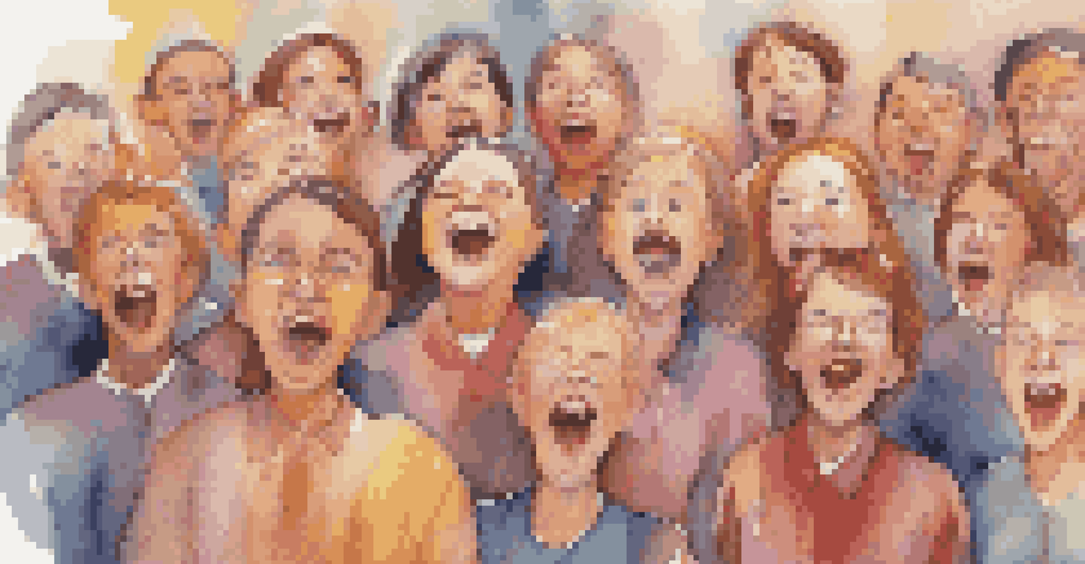 A close-up of choir singers expressing joy and concentration as they perform in colorful attire with a softly blurred background.