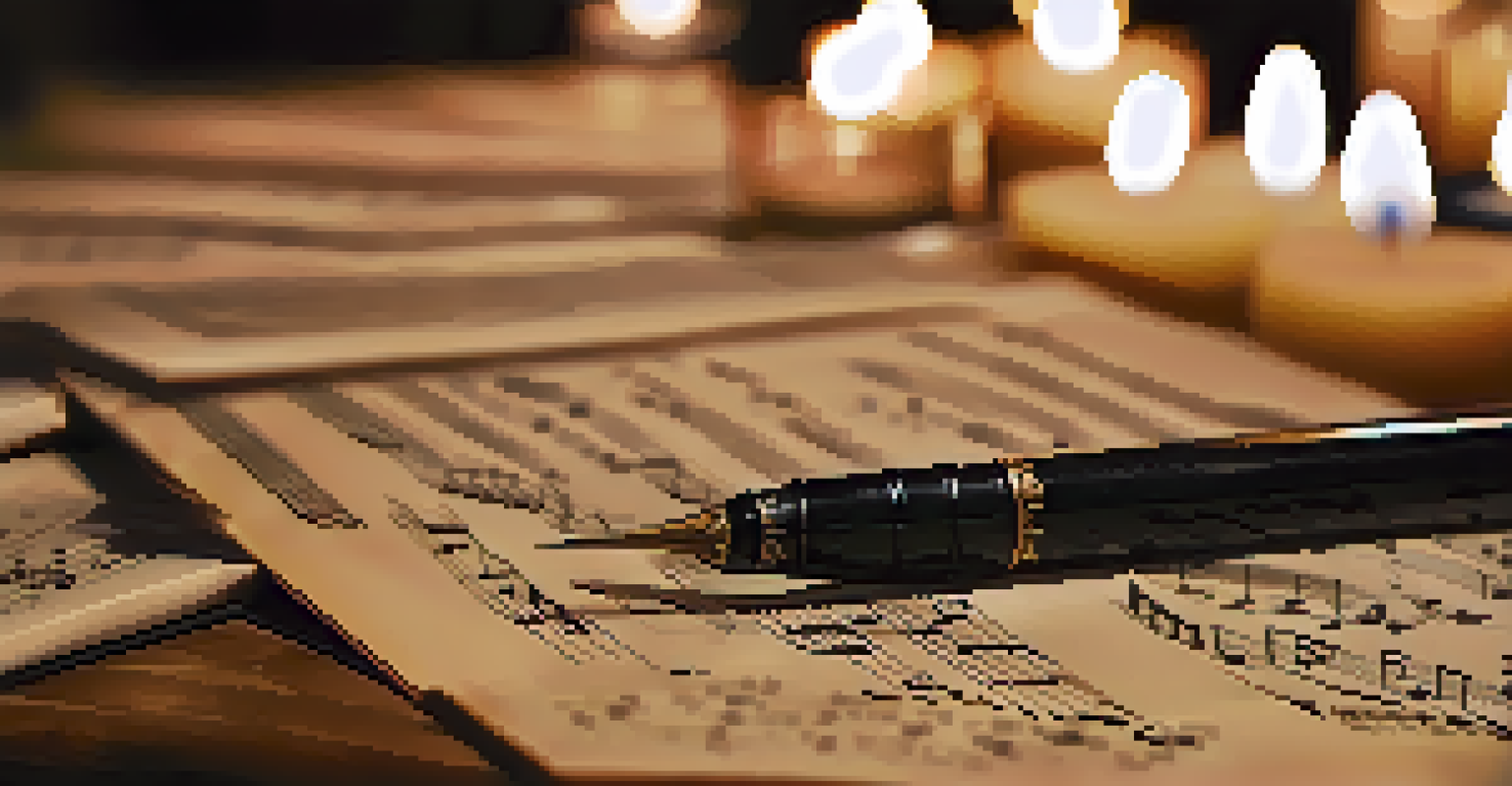 A close-up of a music score on a stand with a quill and ink pot, surrounded by candlelight.