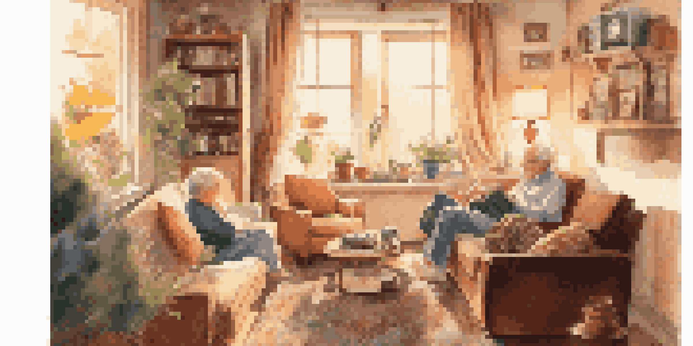 An elderly couple enjoying music together in a cozy living room filled with family photos and soft sunlight.