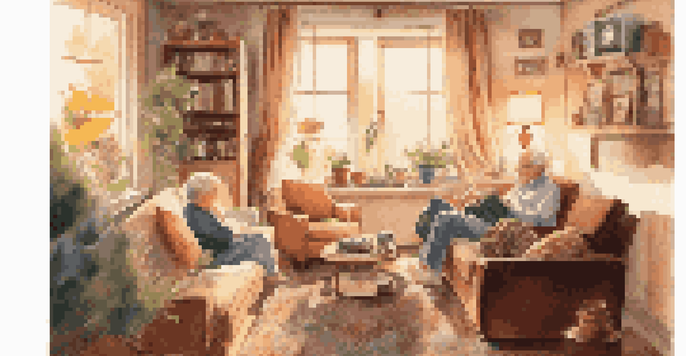 An elderly couple enjoying music together in a cozy living room filled with family photos and soft sunlight.