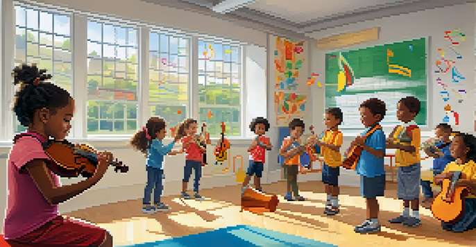 A classroom filled with children joyfully playing musical instruments and dancing, surrounded by colorful decorations.