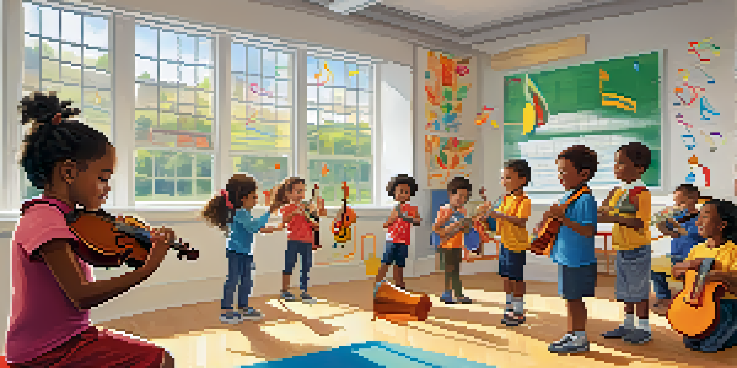 A classroom filled with children joyfully playing musical instruments and dancing, surrounded by colorful decorations.