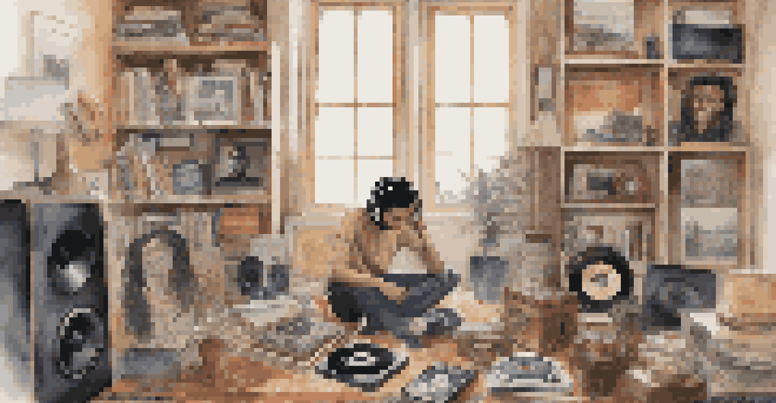 A young person with headphones, surrounded by vinyl records and cultural items, illuminated by soft natural light in a cozy room.