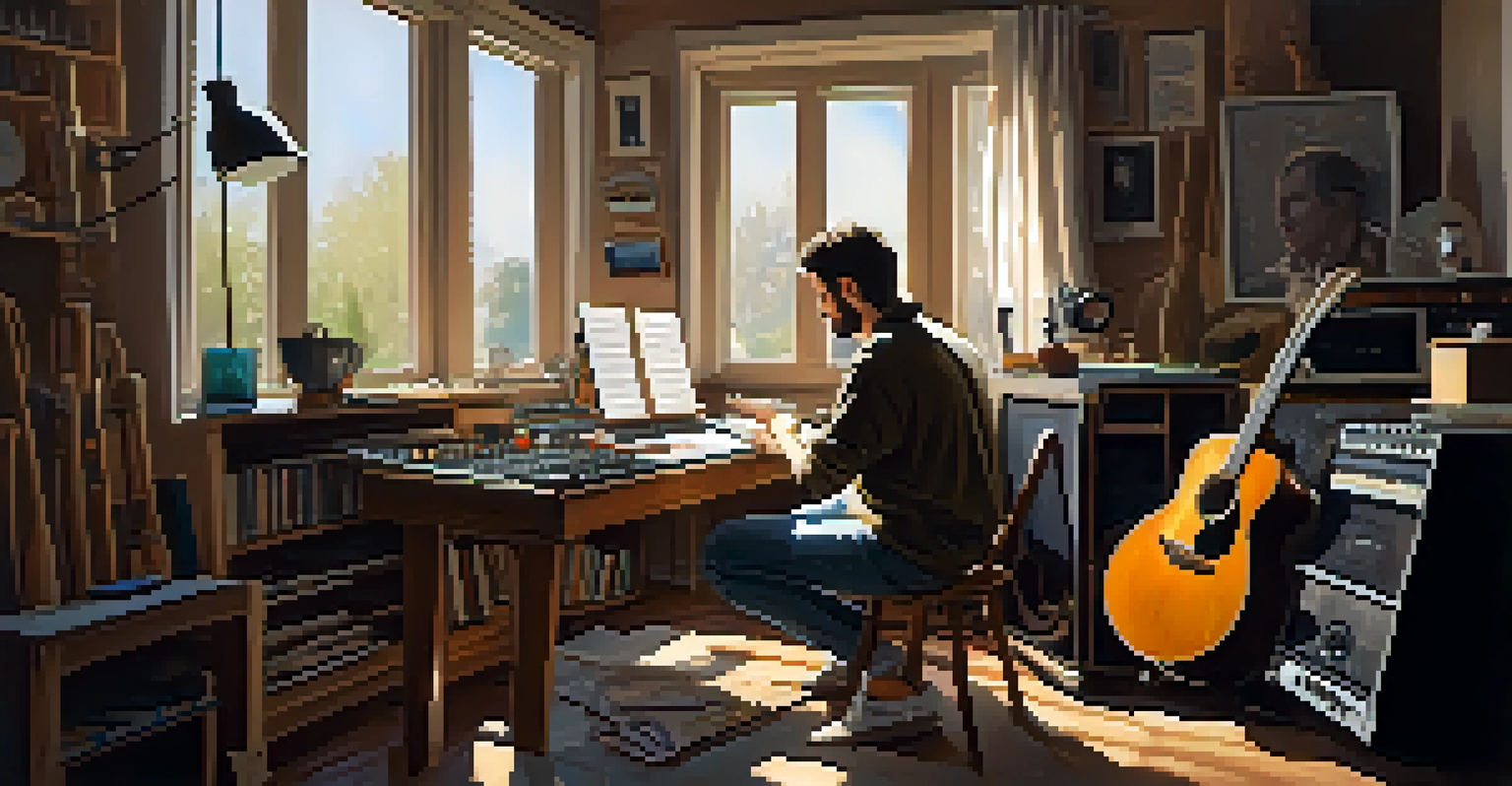 An artist writing lyrics in a cozy home studio, surrounded by musical instruments and natural light.