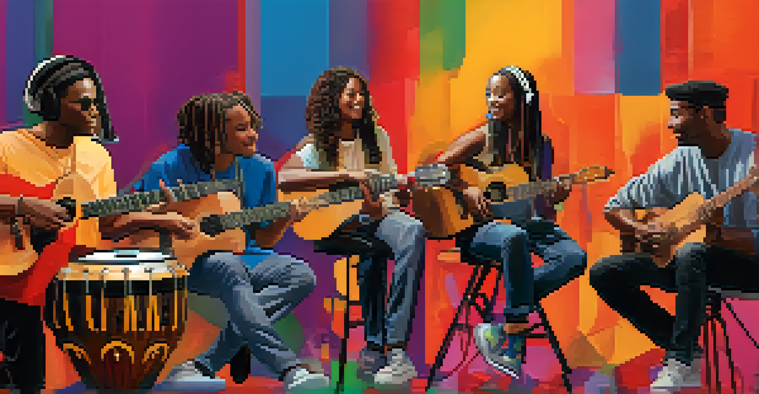 A virtual collaboration of musicians from different locations, each with their instrument, connected through video.