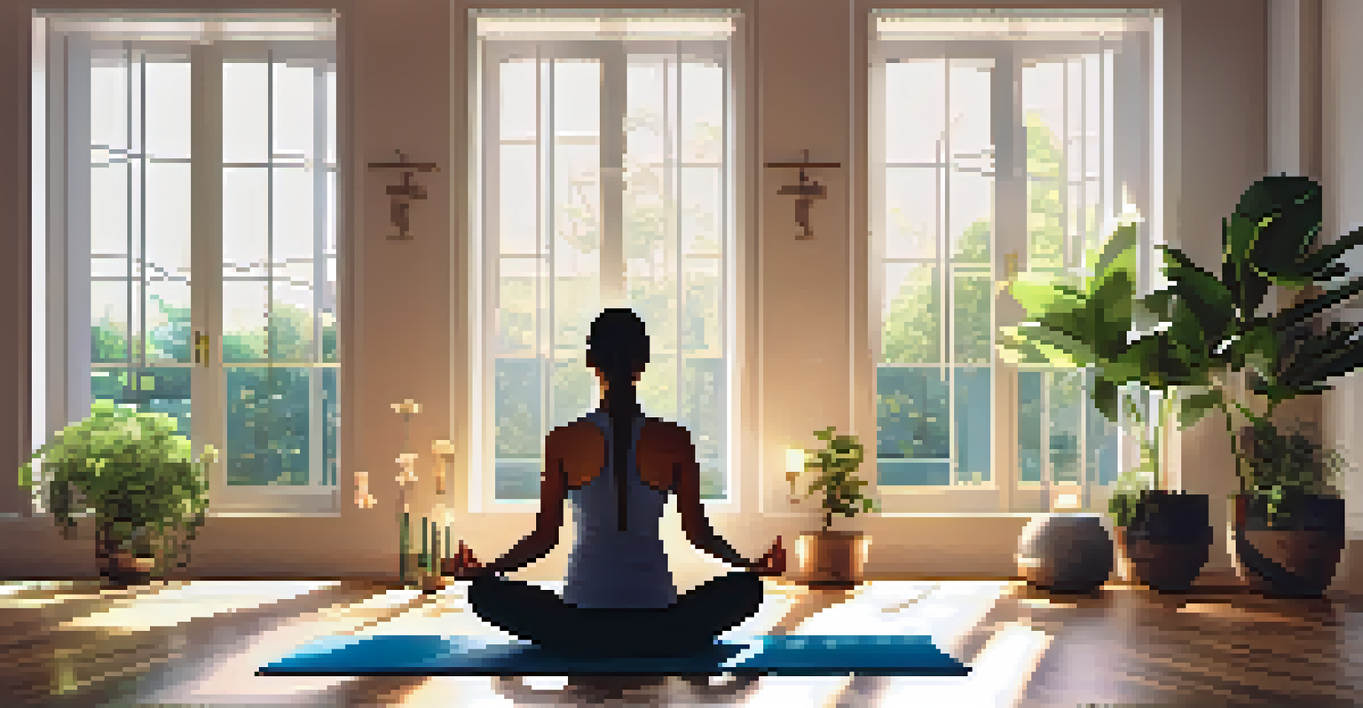 A person practicing yoga in a sunlit room, surrounded by calming music notes, plants, and candles, creating a tranquil atmosphere.