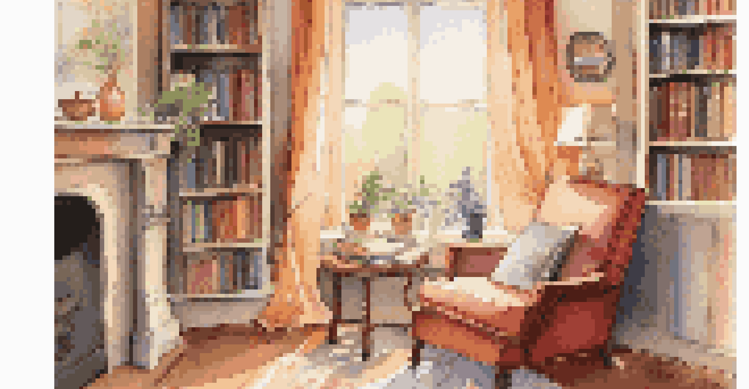 A warm and inviting reading nook with a plush chair, a cup of tea, and a bookshelf, all illuminated by soft sunlight from a nearby window.
