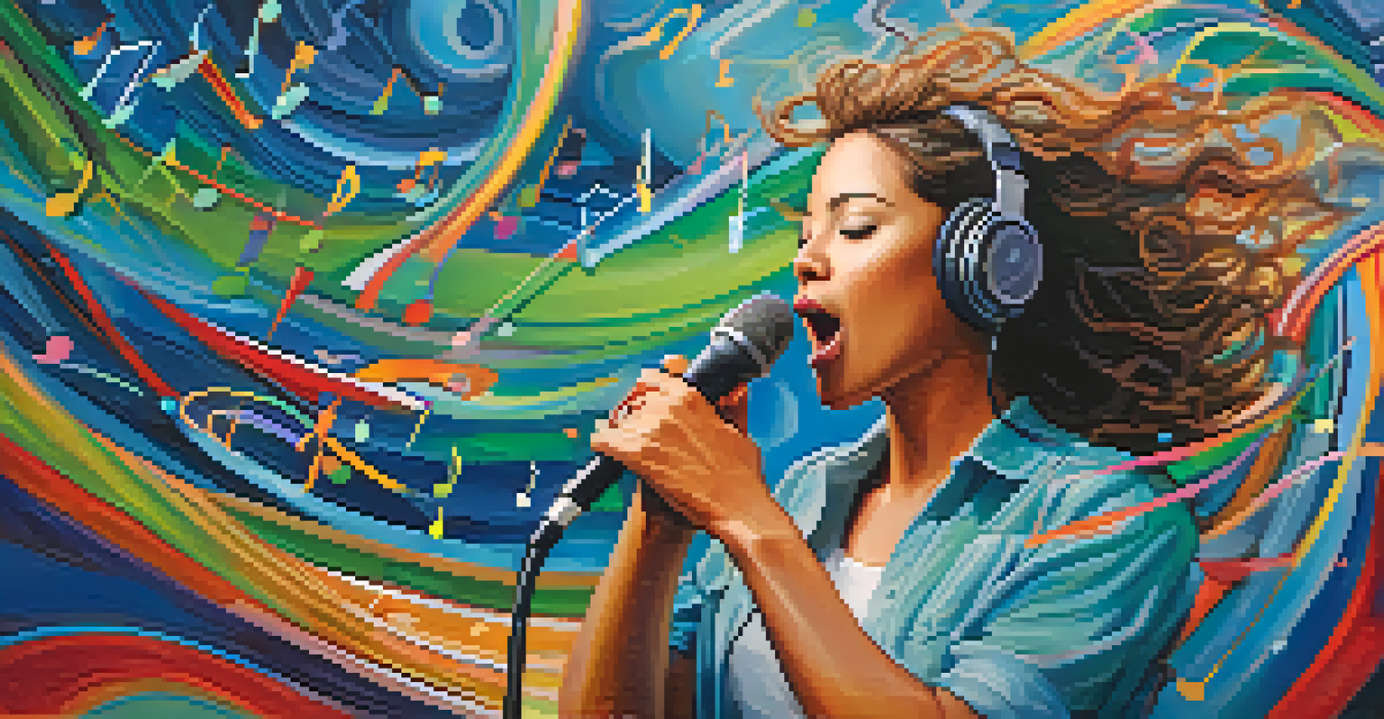 An artistic depiction of a singer surrounded by musical notes and sound waves while practicing vocal warm-ups.