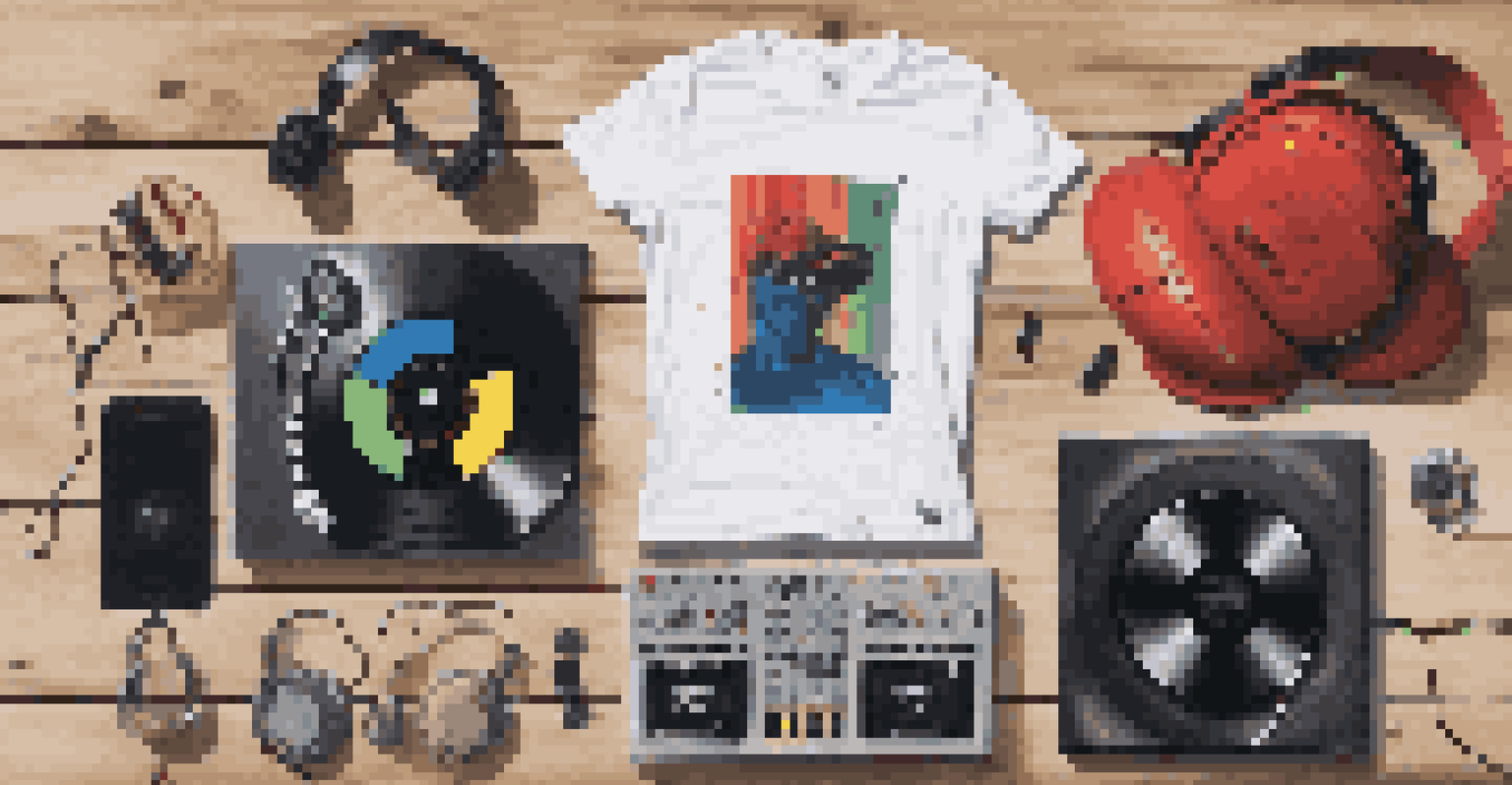 A flat lay of DJ merchandise including vinyl records and t-shirts on a wooden surface.