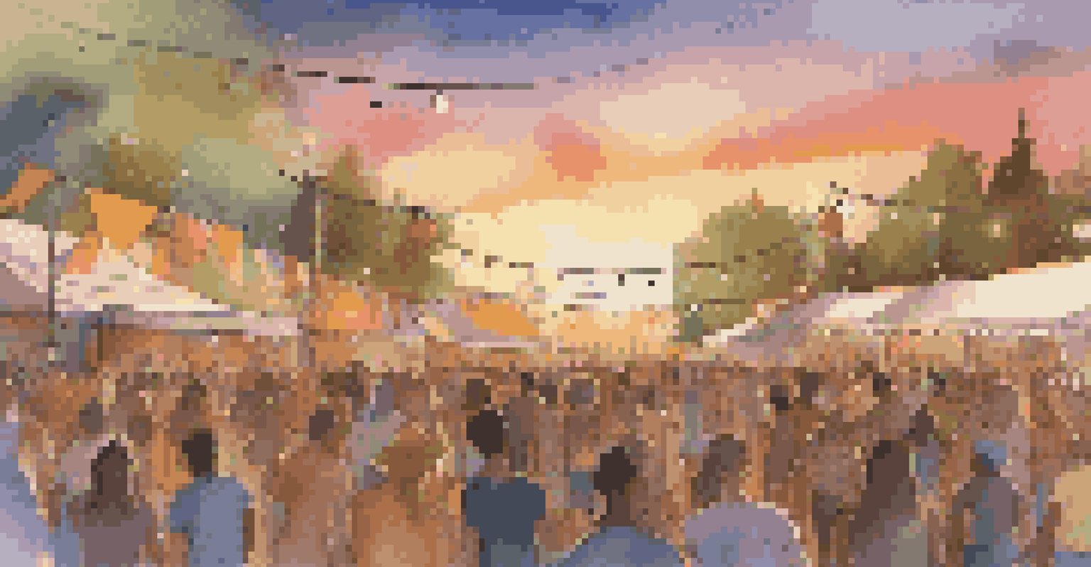 A lively outdoor music festival with a diverse crowd enjoying performances, colorful decorations, and a sunset backdrop.