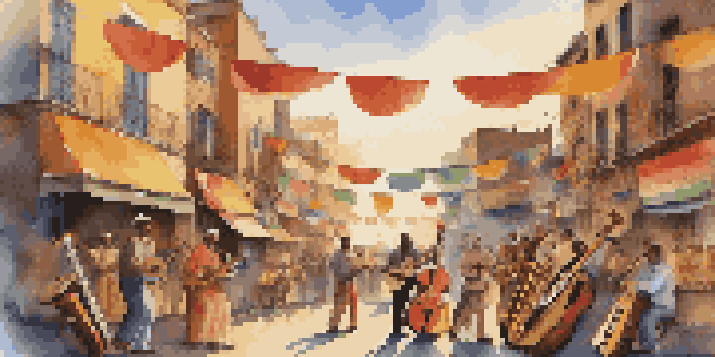 A lively street performance featuring musicians from various cultures, with traditional and modern instruments, colorful banners, and a sunset backdrop.