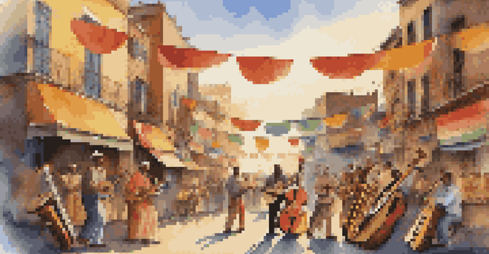 A lively street performance featuring musicians from various cultures, with traditional and modern instruments, colorful banners, and a sunset backdrop.