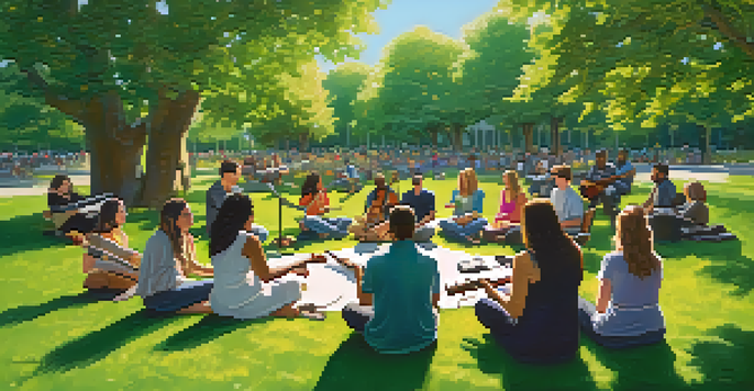 A group of diverse individuals participating in a music therapy session in a sunny park, surrounded by trees and flowers.