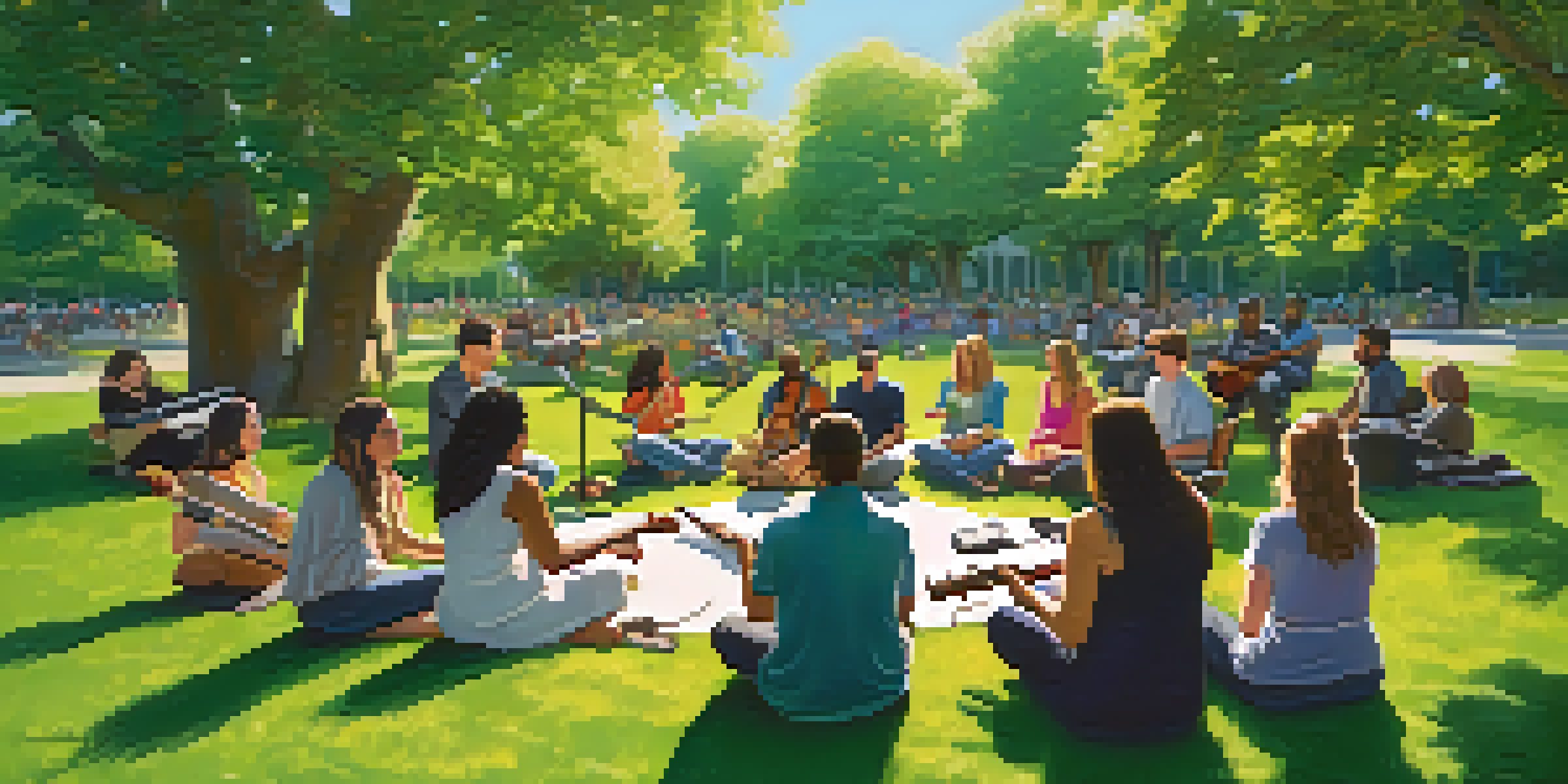 A group of diverse individuals participating in a music therapy session in a sunny park, surrounded by trees and flowers.