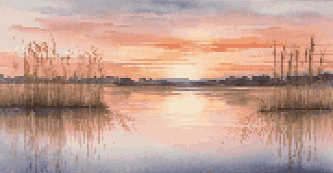 A tranquil scene showing sound waves as ripples in a pond during sunset, with colorful reflections and soft reeds in the foreground.