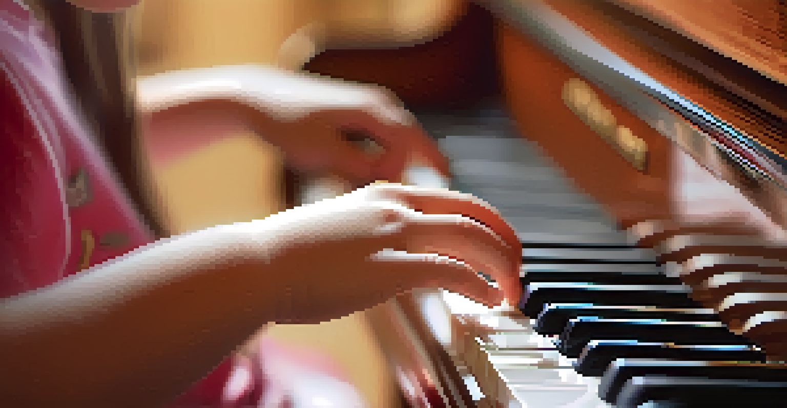 A close-up of a child playing the piano, showcasing their hands on the keys with a blurred background, illuminated by warm light.