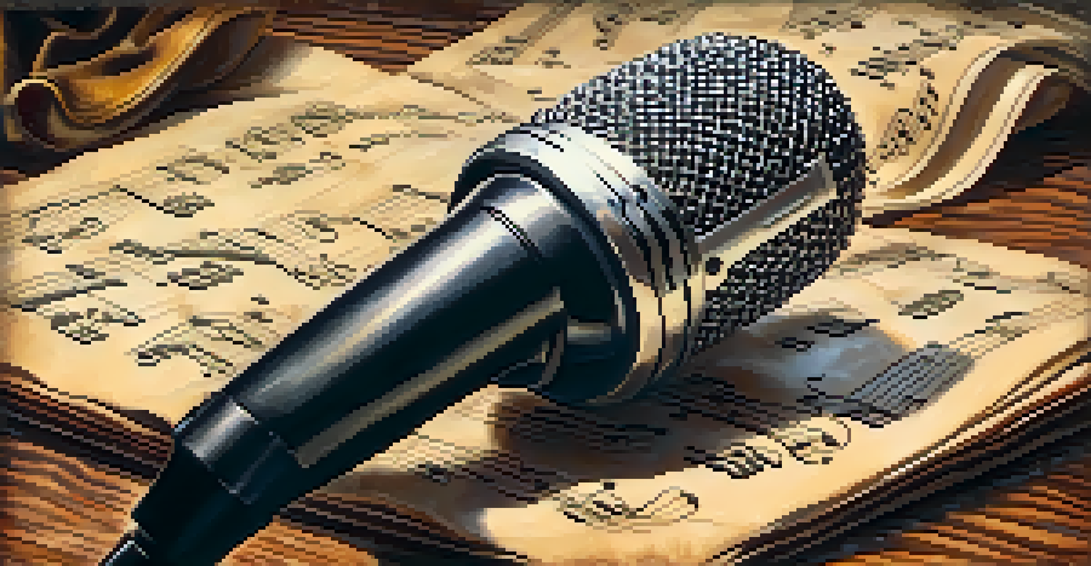 A vintage microphone with sheet music on a wooden table, illuminated by soft warm lighting.