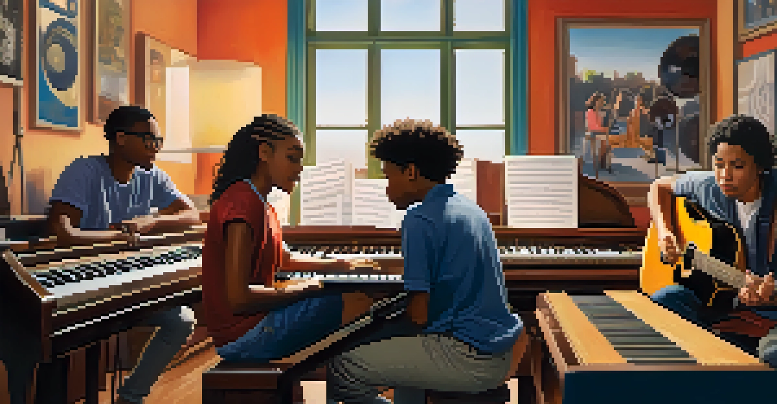 A diverse group of young musicians collaborating in a studio, with instruments and colorful posters in the background.